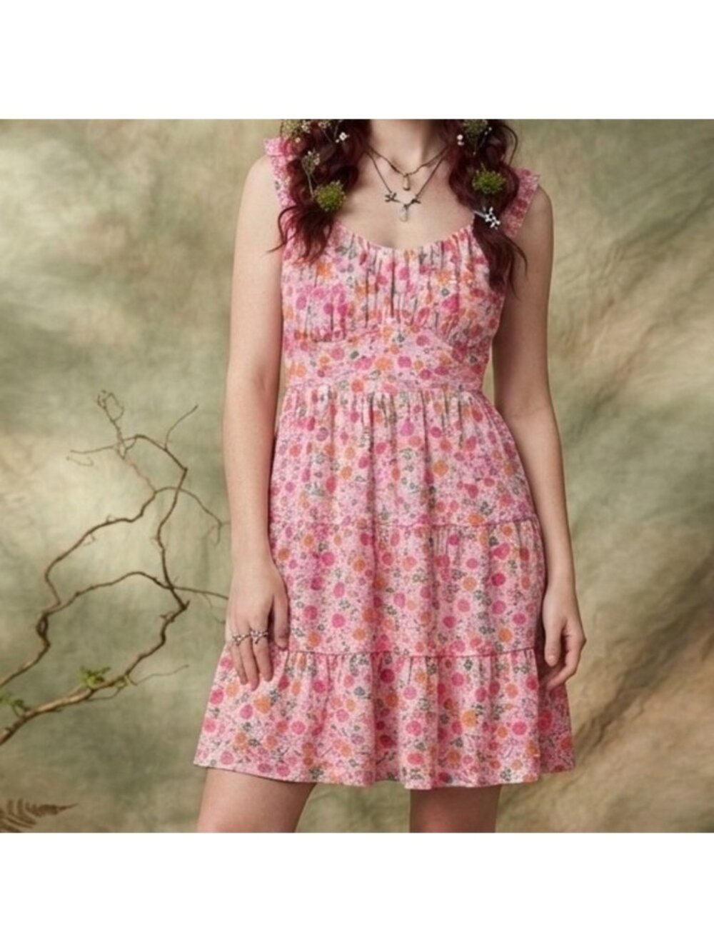 y2k women milkmaid mini dress large pink fairycore ditsy floral‎ cottagecore